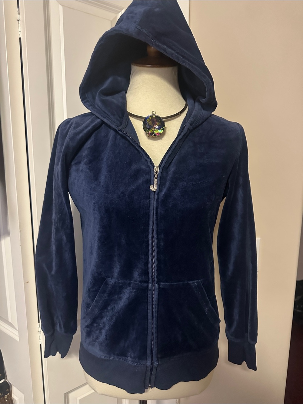 Juicy Couture Navy Velour Hooded Jacket with Blue Embellished Crest